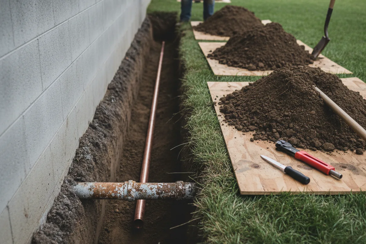 Excavated water line trench during Water Softener Installation in Kingsbury